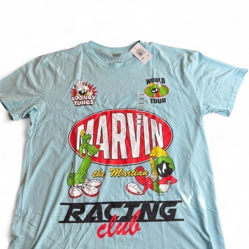 Looney Tunes Marvin the‎ Martian Racing Club World Tour Blue T-Shirt Large NEW